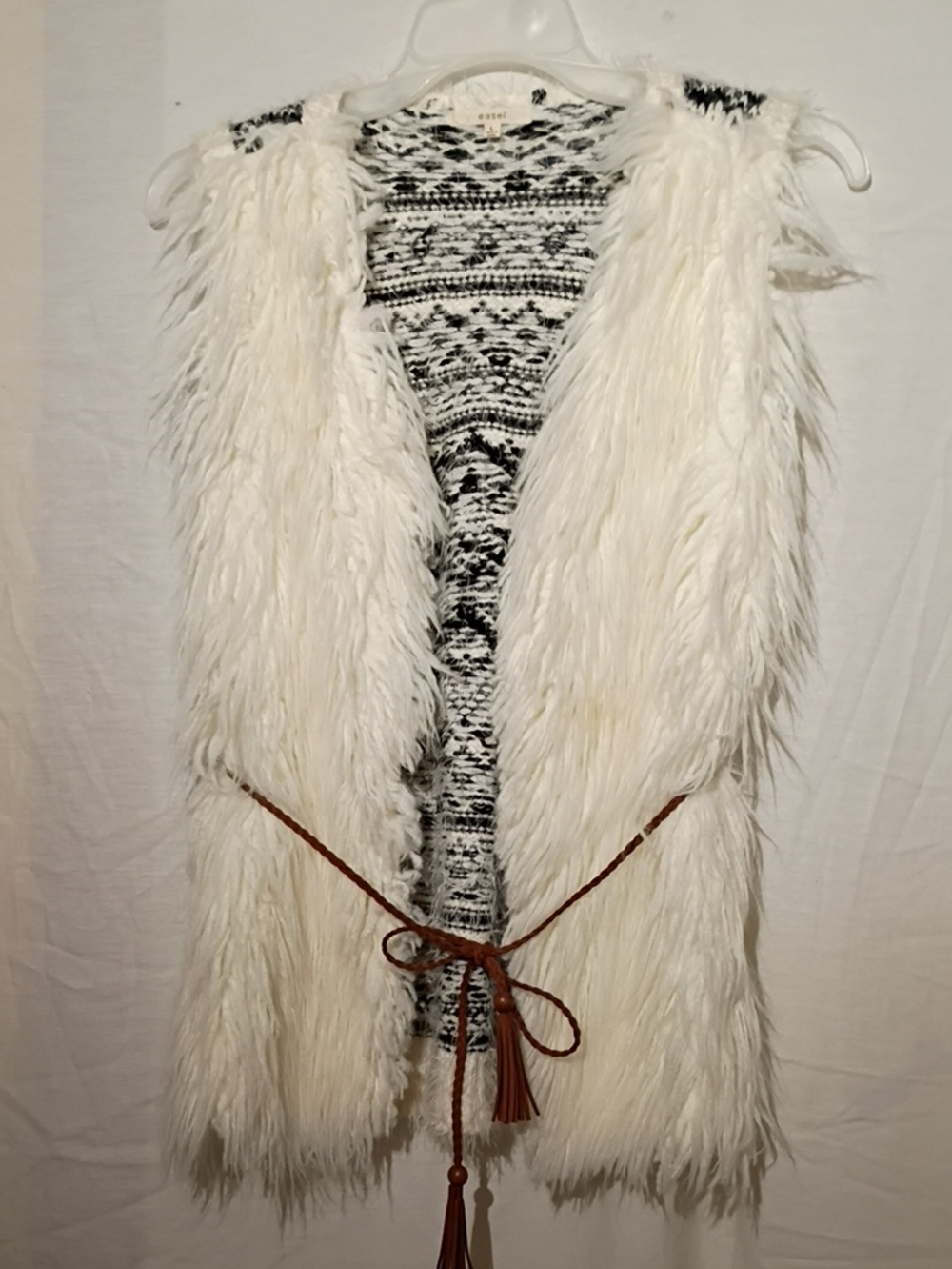 easel Cream Faux Fur Sleeveless Vest with Brown Tassel Belt